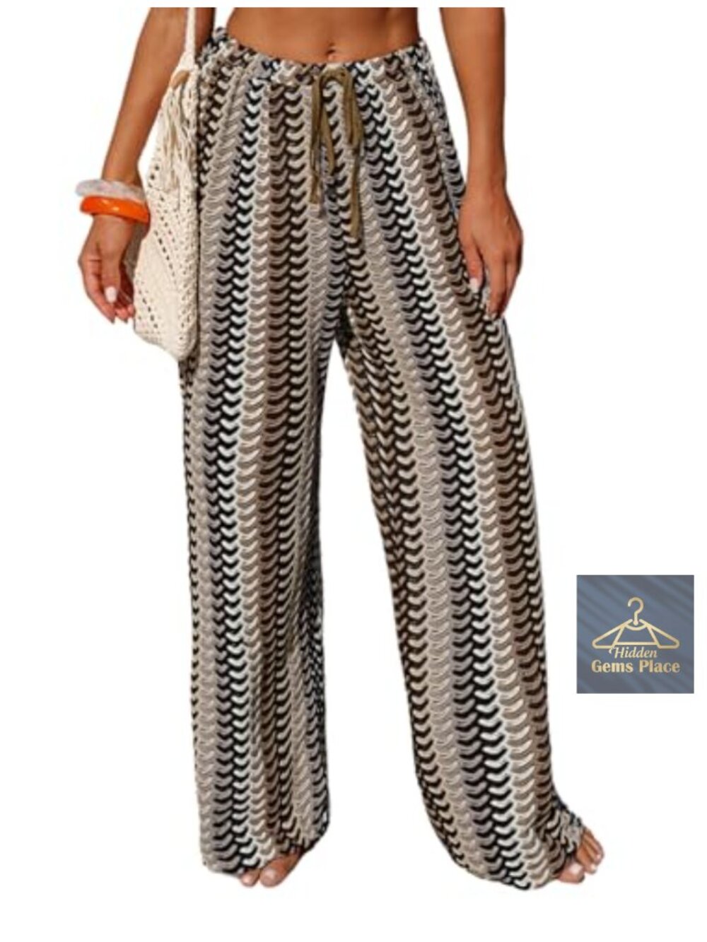 Boho Crochet Wide Leg Beach Cover Up Pants Elastic Waist Swimwear Coverup